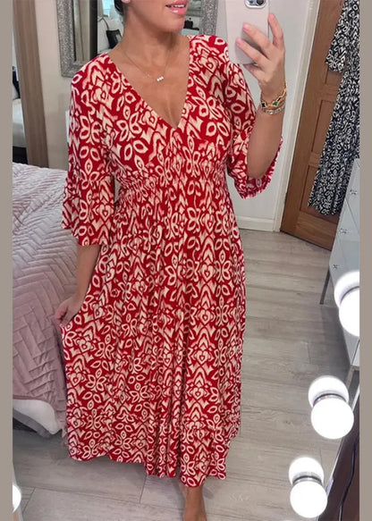 Red V Neck Print Cotton Dresses Summer