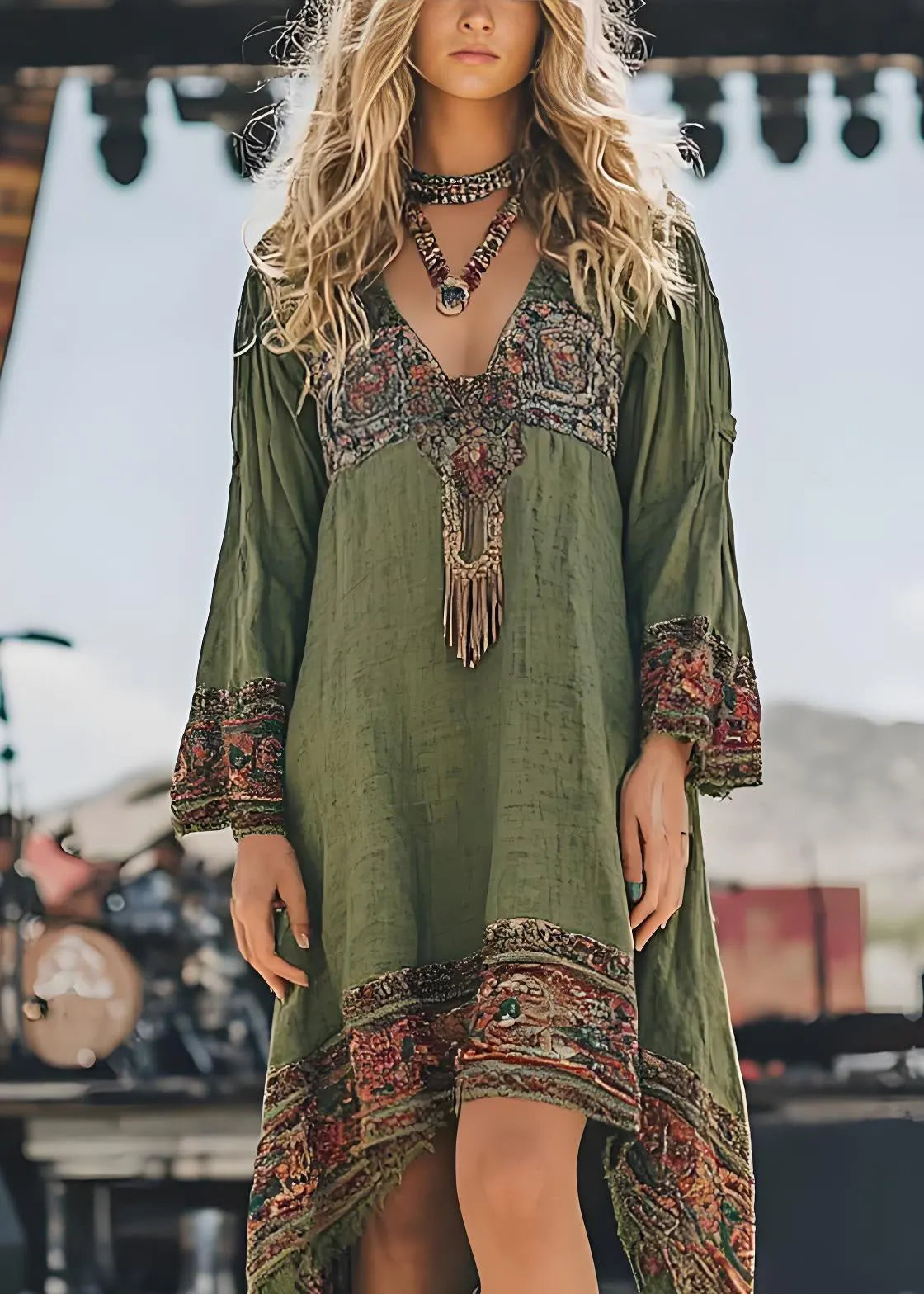 Loose Green V Neck Asymmetrical Design Print Dresses Spring