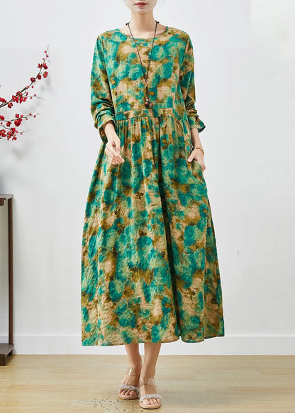 Green Cinched Print Cotton Long Dress Spring