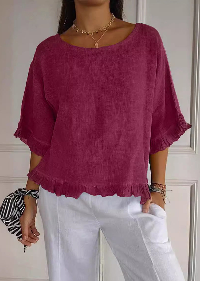 Apricot O-neck Ruffled Cotton Blouses Summer