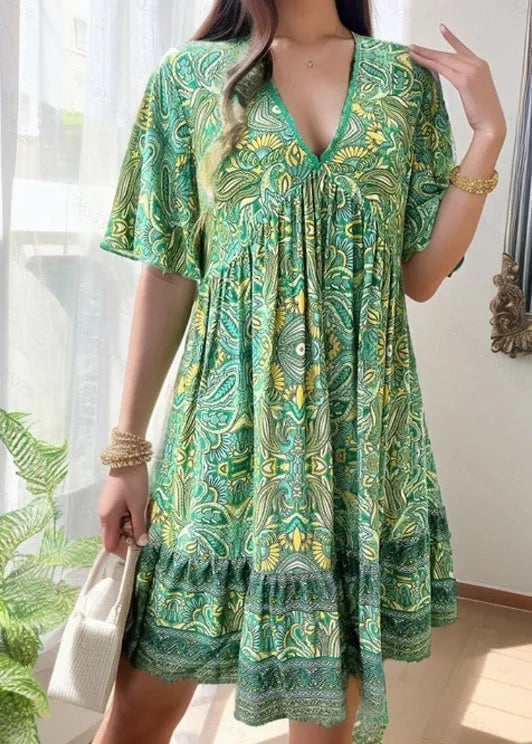 Yellow V Neck Print Cotton Mid Dress Summer