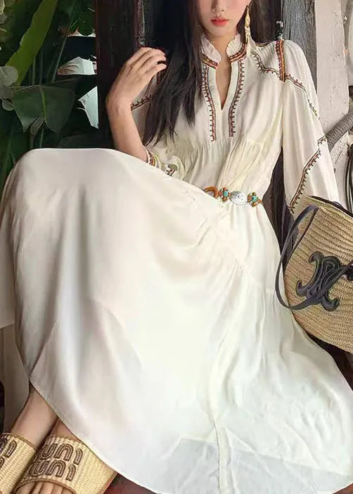 White Wrinkled Patchwork Cotton Long Dress Bracelet Sleeve