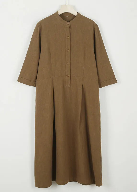 Chinese Style Brown Stand Collar Button Linen Dresses Bracelet Sleeve