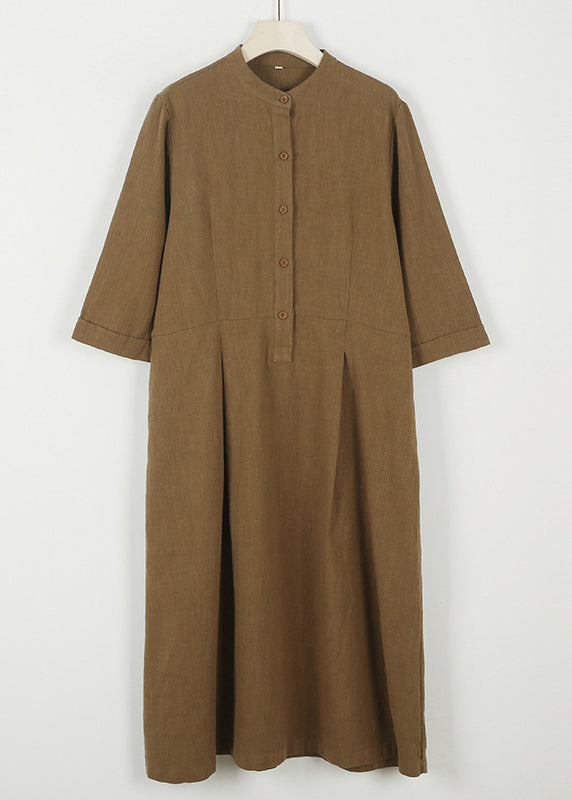 Chinese Style Brown Stand Collar Button Linen Dresses Bracelet Sleeve