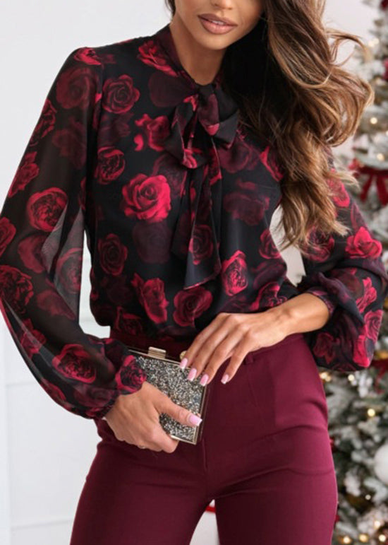 Black Rose Bow Lace Up Chiffon Shirts Top Spring