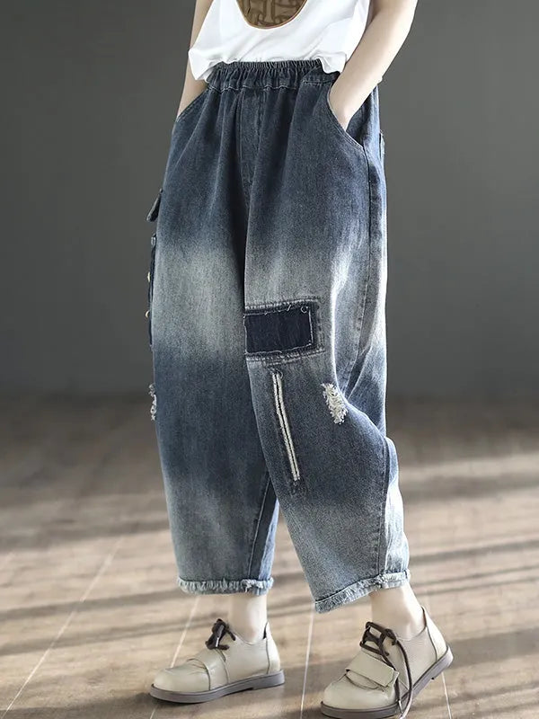 Hollow Elasticity Applique Denim Ninth Pants