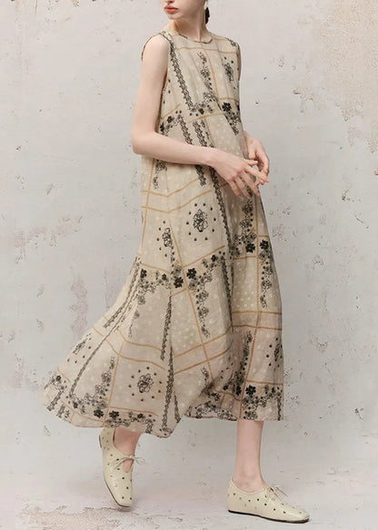 O-neck Print Ramie Maxi Dress Summer