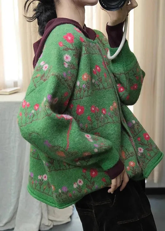 Green O Neck Print Loose Knit Cardigans Spring