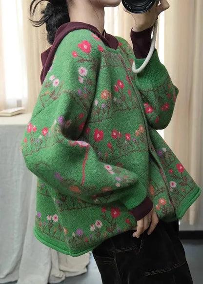 Green O Neck Print Loose Knit Cardigans Spring