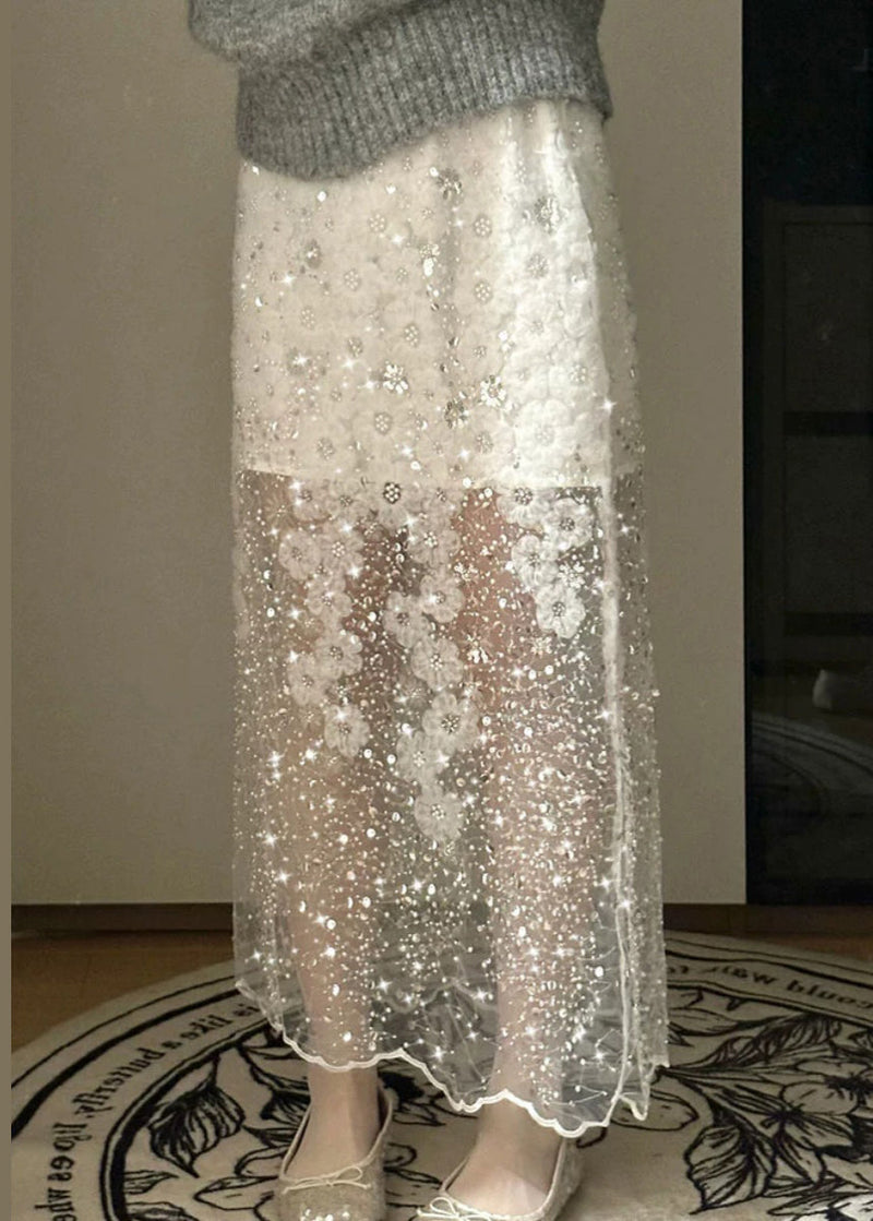 Handmade White Sequins Nail Bead Tulle Skirt Summer