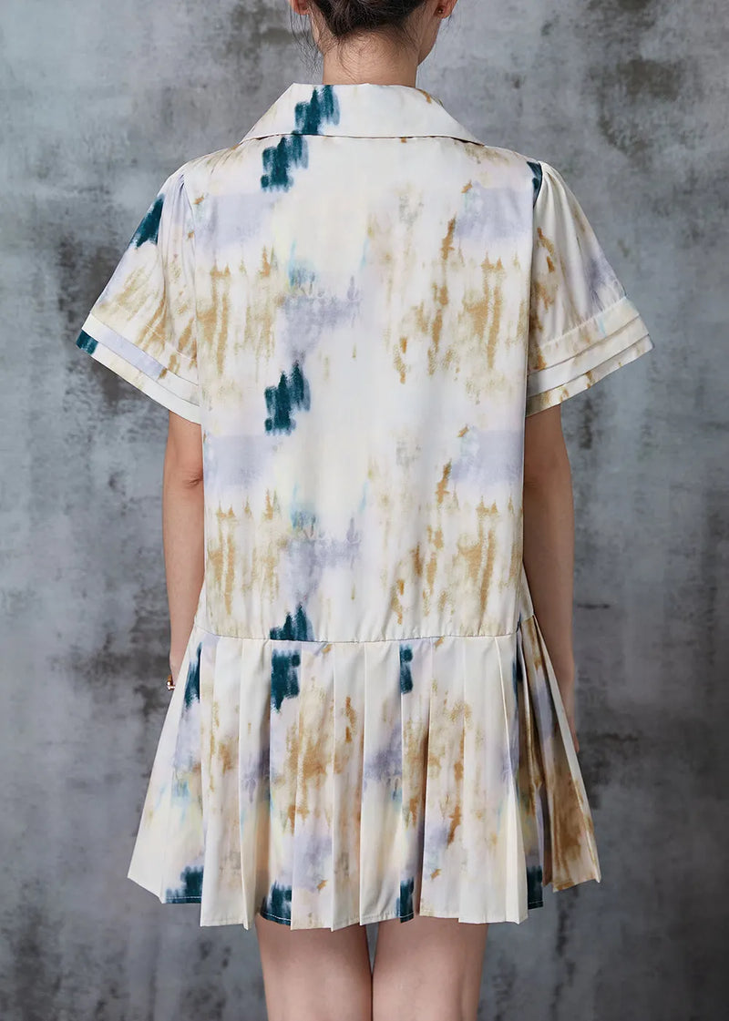 White Peter Pan Collar Tie Dye Cotton Pleated Dresses Summer