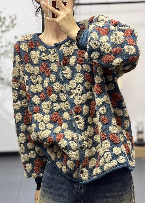 Stylish Blue O Neck Jacquard Knit Sweaters Coats Fall
