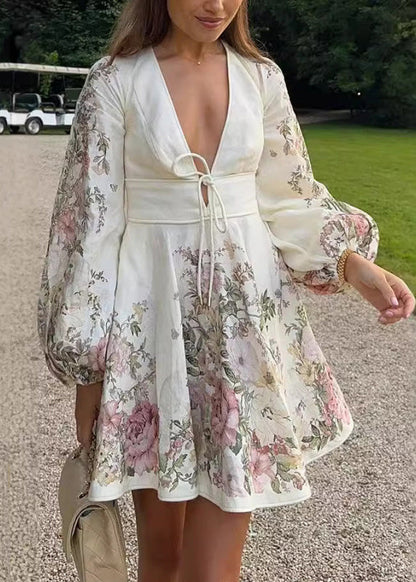 V Neck Print Cotton Dress Lantern Sleeve