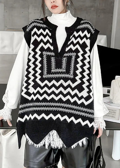 Black White Print V Neck Asymmetrical Thick Cotton Knit Waistcoat Sleeveless