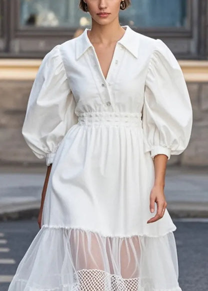 White Puff Sleeve Patchwork Tulle Cotton Party Dress Spring