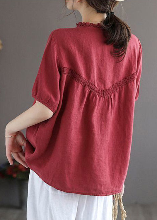 Art Red O-neck Embroidered Button Linen Shirt Lantern Sleeve