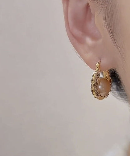 Gold Copper Alloy Zircon Pearl Hoop Earrings