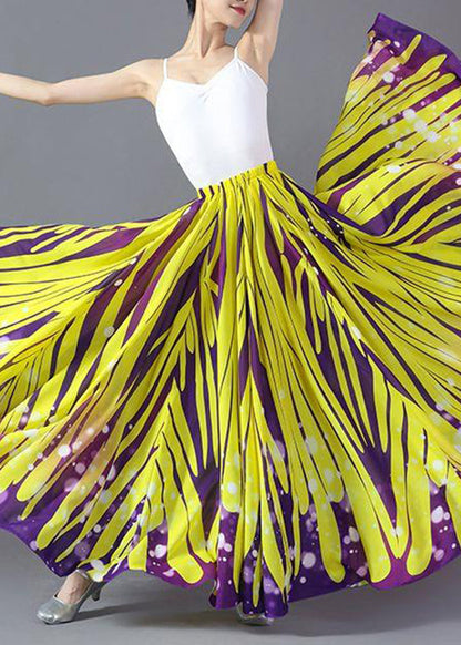 Yellow Striped Elastic Waist Chiffon a Line Skirts Summer