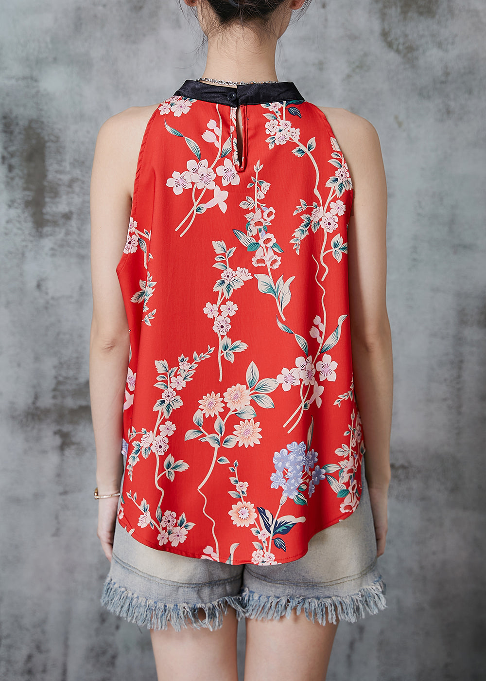 Red Stand Collar Print Tops Sleeveless