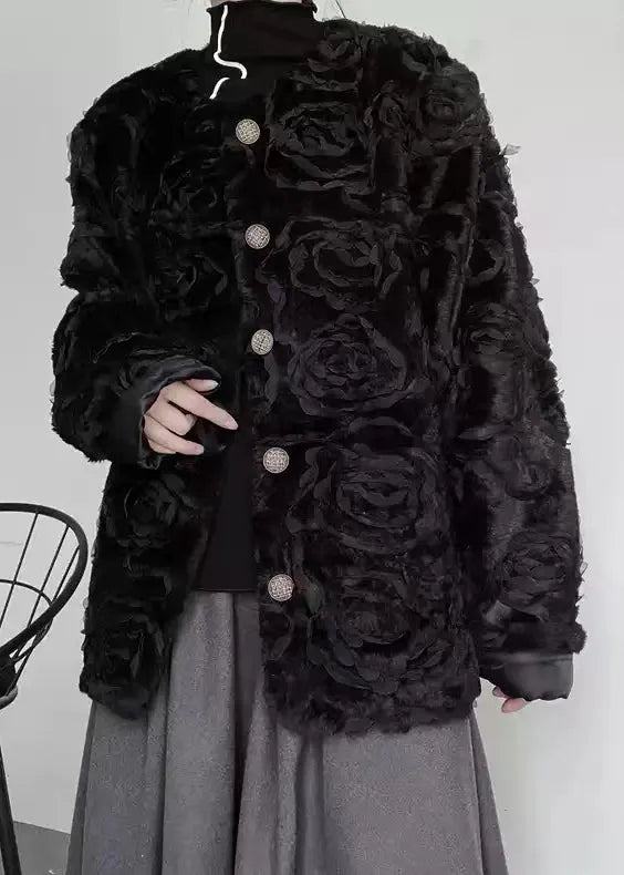 Black O-neck Button Fuzzy Fur Fluffy Coats Spring