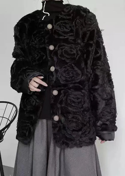 Black O-neck Button Fuzzy Fur Fluffy Coats Spring