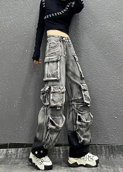 Gray Black Multi Pocket Denim Pants Autumn
