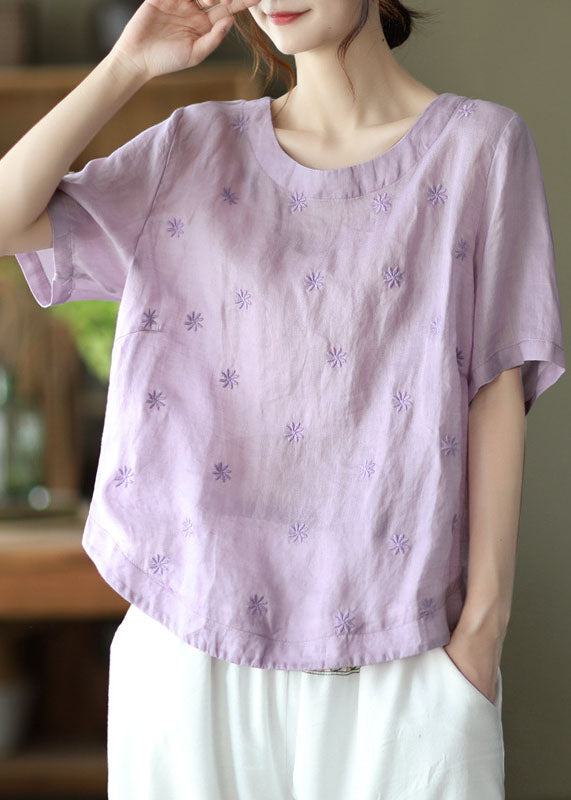 Light Purple Embroidered Linen Shirts Short Sleeve