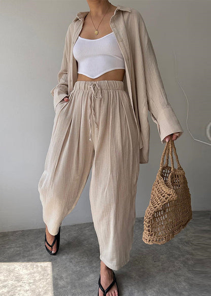 Khaki Shirts and Pants Cotton Two Pieces Set Long Sleeve
