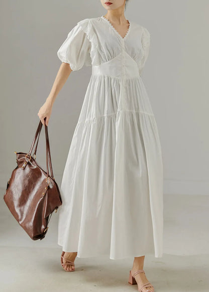 White V Neck Patchwork Cotton Party Dress Summer