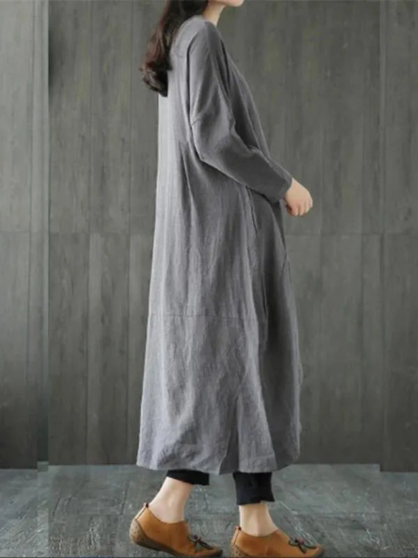 Gray Cotton Linen Dress O Neck Asymmetric Maxi Spring Dresses