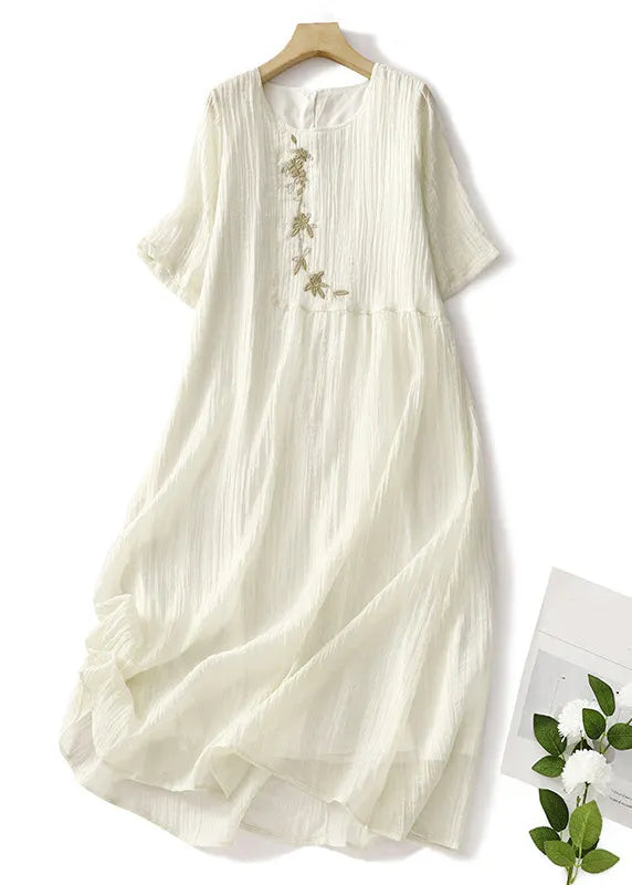 White Embroidered Linen Long Dresses Summer