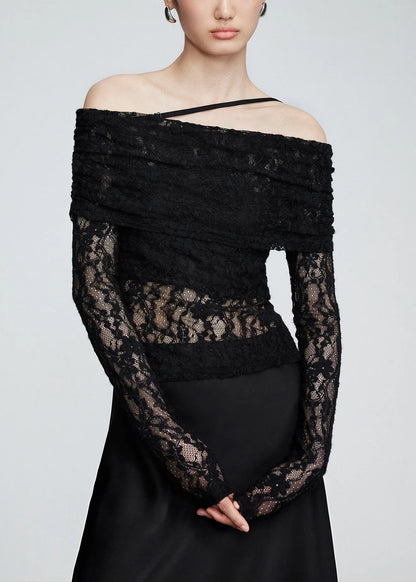 White Cold Shoulder Slim Fit Lace T Shirts Fall