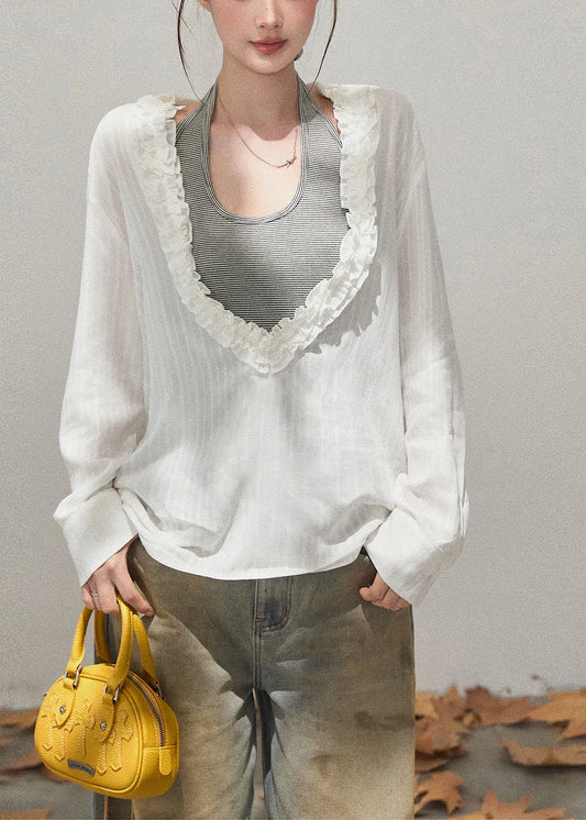 White Deep V-neck Ruffled Cotton Shirt Fall