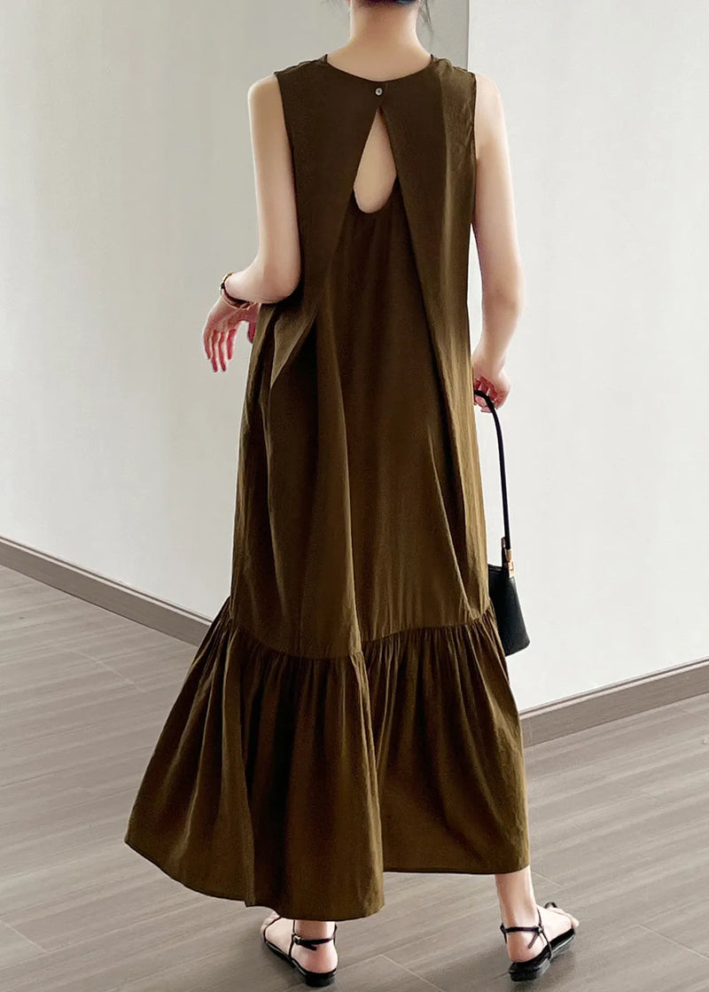 New Olive Green Button Hollow Out Cotton Dress Summer