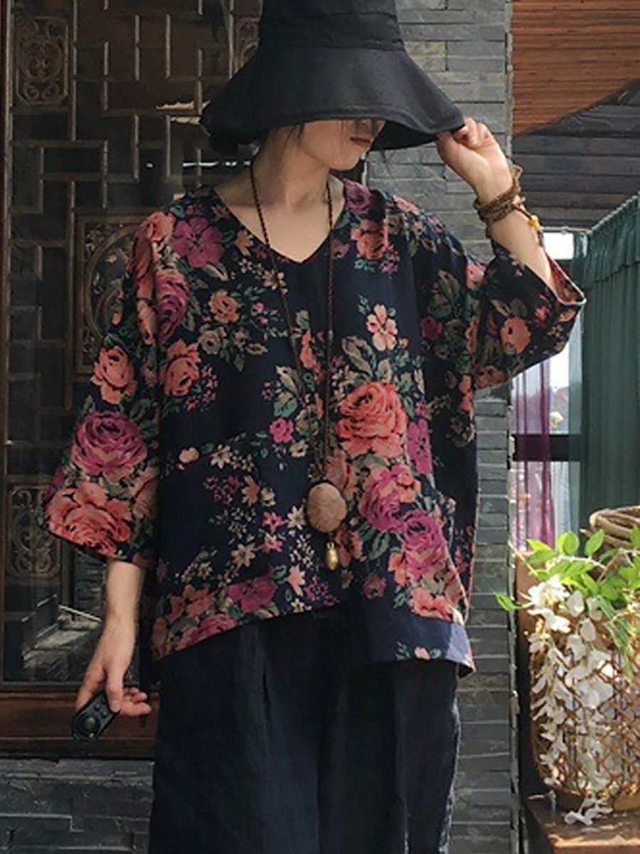 V-neck Long Sleeve Cotton Blouse Shirt
