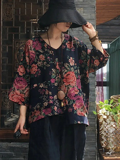 V-neck Long Sleeve Cotton Blouse Shirt