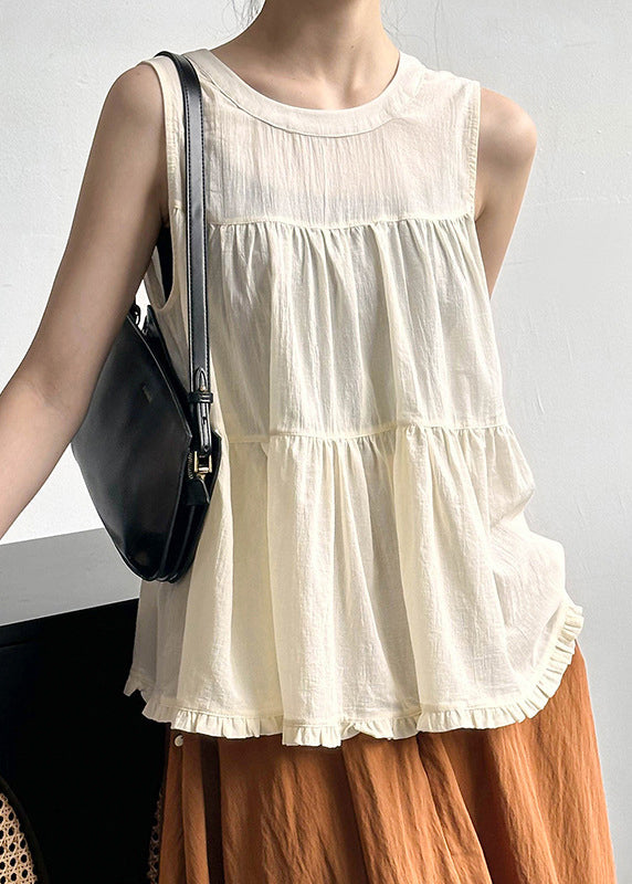 Beige Ruffled Cotton Tops O Neck Summer