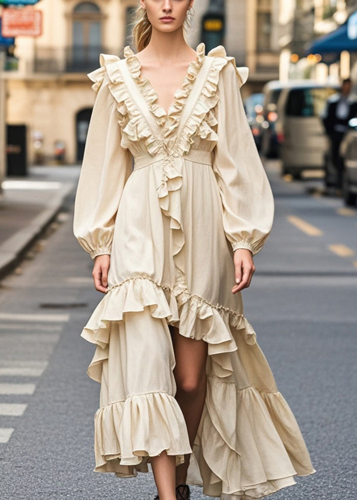 Champagne Color Ruffled Side Open Party Dress Fall