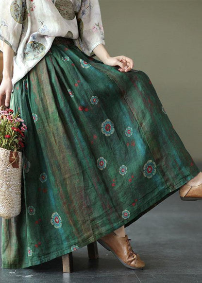 Navy Print Ramie Elastic Waist Skirt