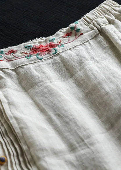 Beige Embroidered Pockets Patchwork Cotton Skirts Summer