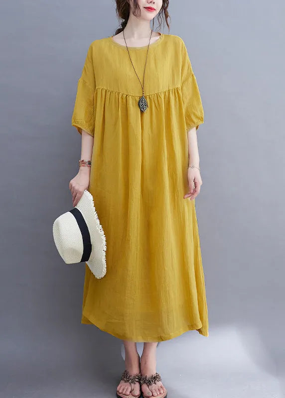 Yellow O-neck Wrinkled Maxi Dress Half Sleeve