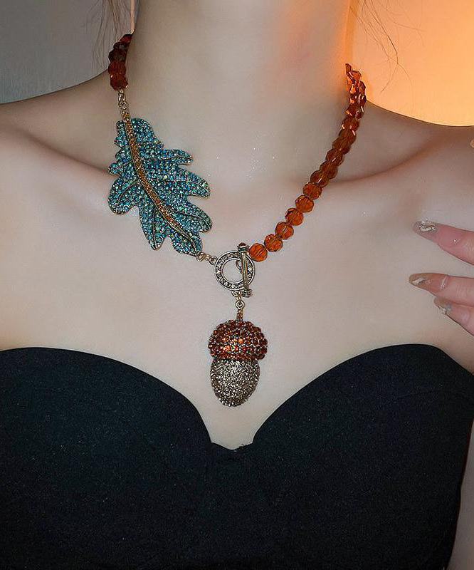 Coffee Alloy Zircon Crystal Leaves Pendant Necklace