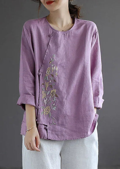 Purple Button O-neck Linen Tops Long Sleeve