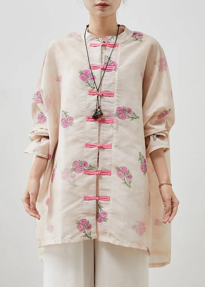 Apricot Chinese Button Linen Loose Shirt Top Spring
