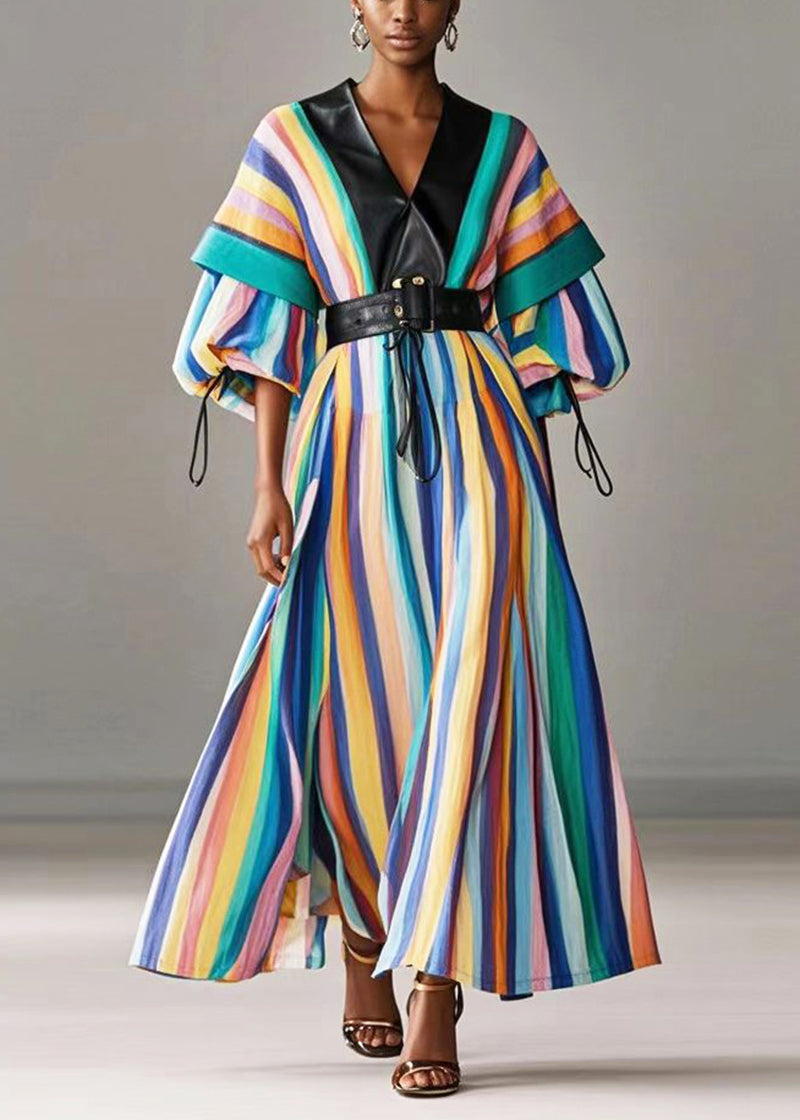 Rainbow Cinched Striped Cotton Holiday Dress Lantern Sleeve