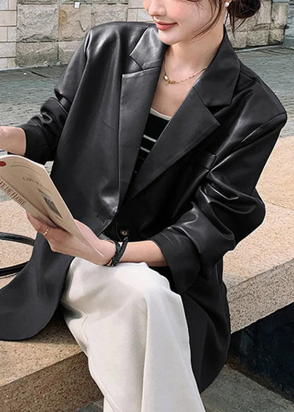 New Coffee Notched Patchwork Faux Leather Suit Coat Fall