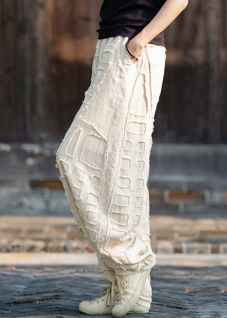 Beige Pockets Patchwork Linen Lantern Pants Fall
