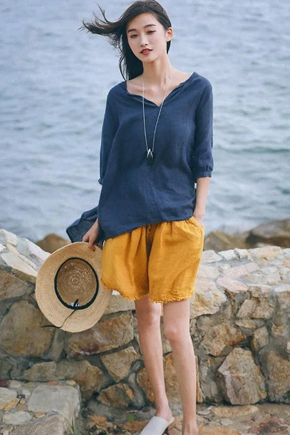Loose Green and Yellow Linen Shorts Summer Trousers