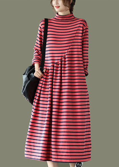 Diy Red Pockets Patchwork Striped Fall Long Dresses