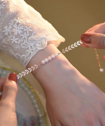Gold Sterling Silver Alloy Pearl Leaves Tassel Charm Bracelet